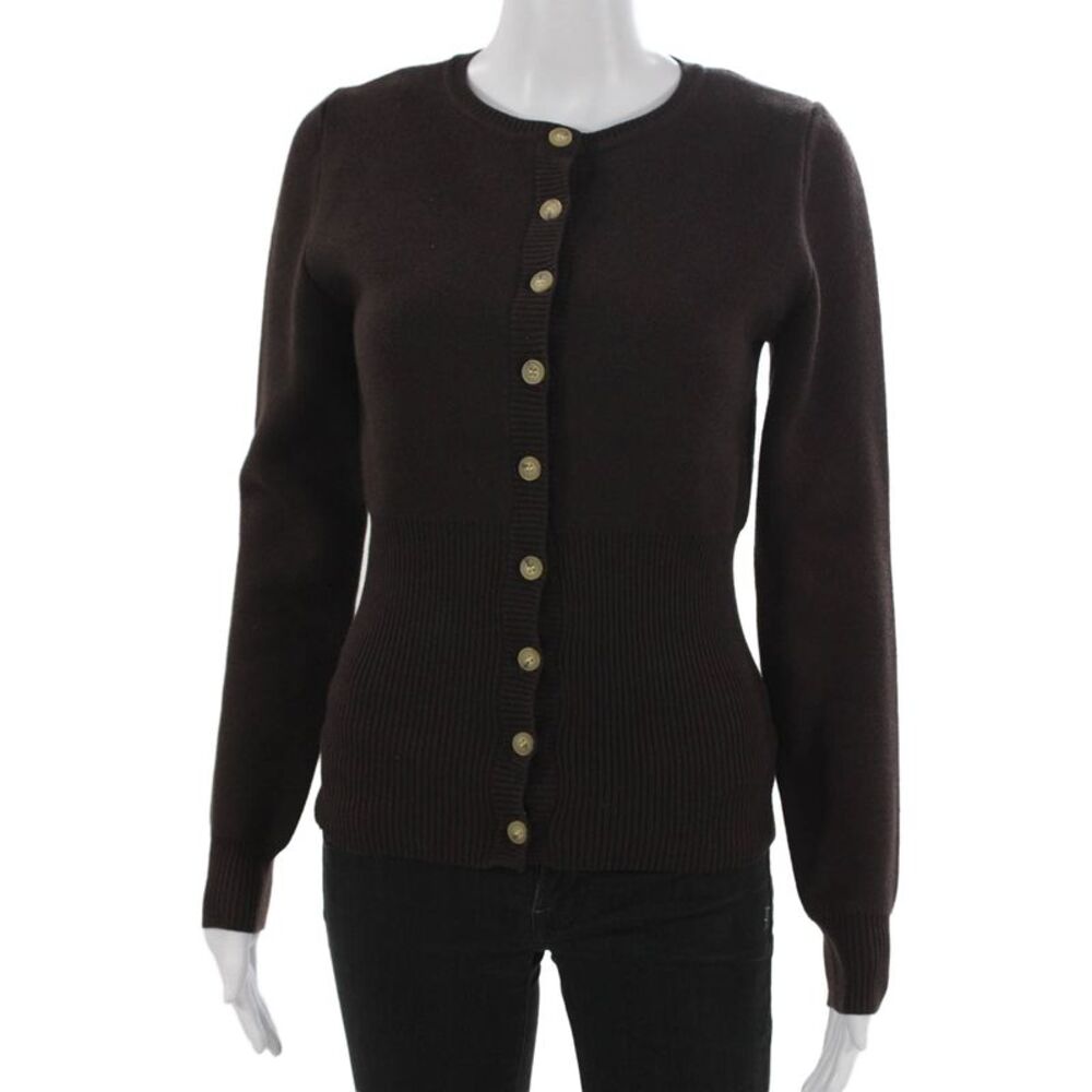 NIA Womens Cardigan Brown Polyester Long Sleeve Round Neck Size S